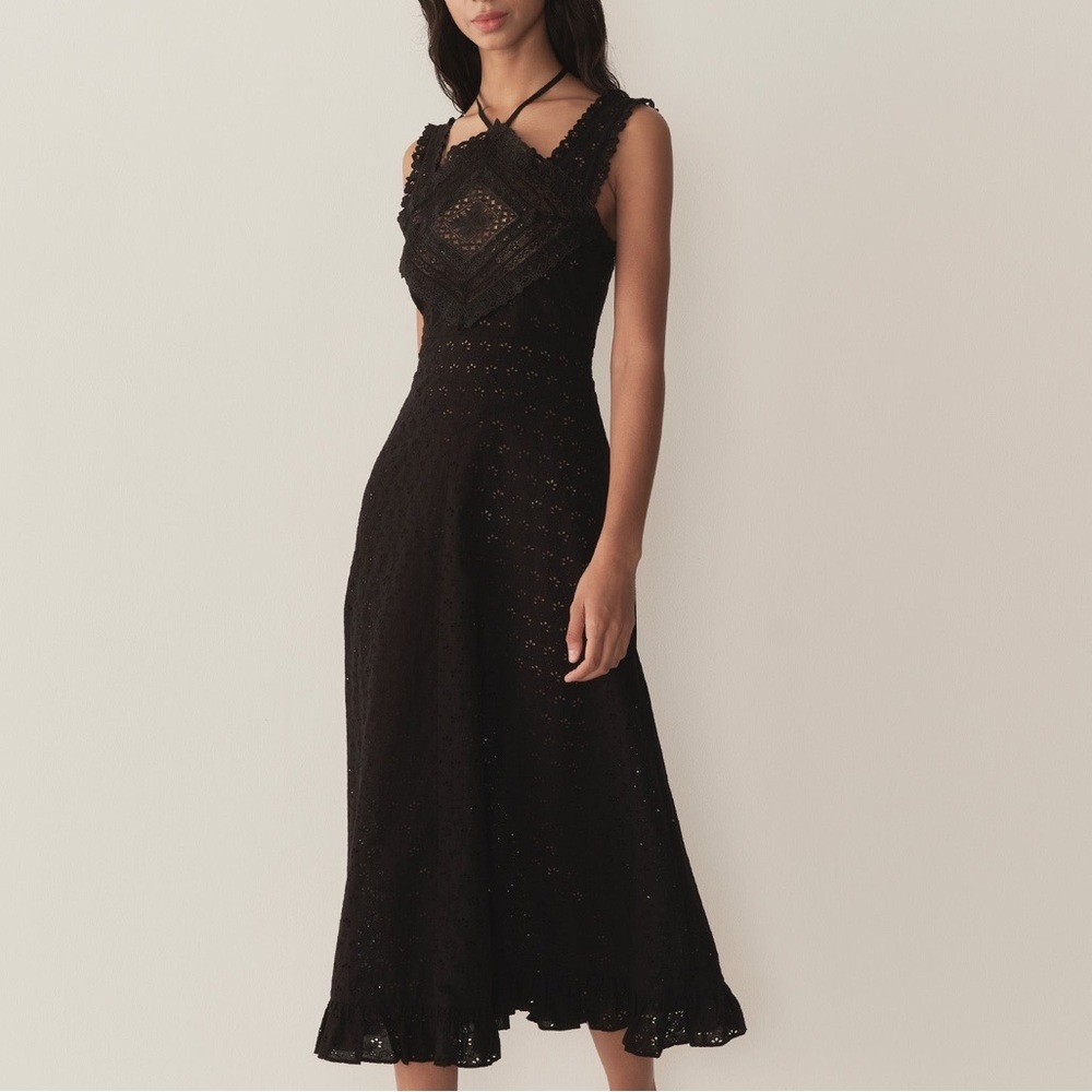 NWT Doen Frieda Cotton Eyelet Ruffle Lace Halter A Line Midi Maxi Dress Black - Picture 5 of 13